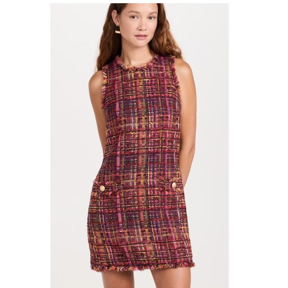 L'AGENCE Florian Tweed sleeveless Shift Dress in Red Pink Multi Tweed XL